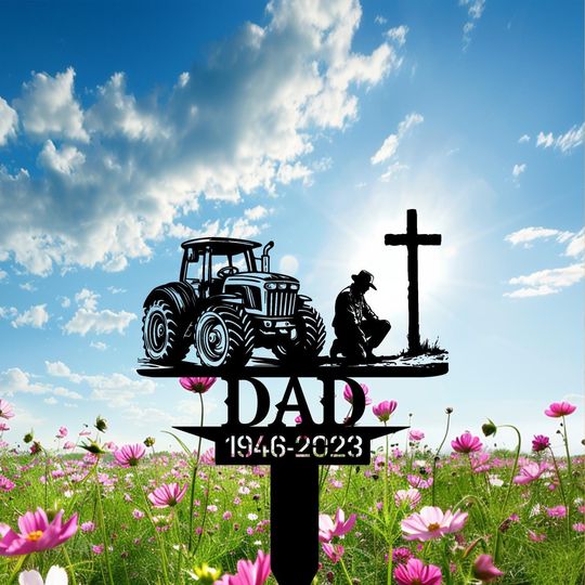 Custom Praying Farmer with Cross Memorial Stake, Personalized In Loving Memory Metal Sign for Dad or Grandpa  Rustic Grave Marker Tribute.