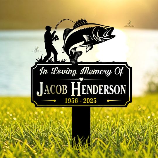 Personalized Fishing Memorial Garden Stake: Custom Metal Tribute Plaque
