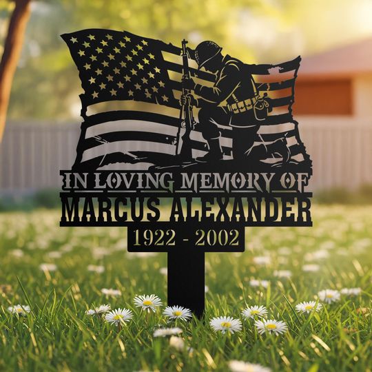 Custom Veteran Memorial Metal Stake, Kneeling Soldier Design, Personalized Name Grave Marker