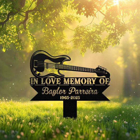 Electric Guitar Wings Memorial Metal Stake, Personalized Musician Name, Grave Marker Tribute