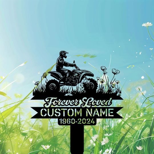 Personalized ATV rider Memorial Stake, ATV with Poppy Flowers Metal Stake, Grave Marker, Remembrance Stake, ATV rider Memorial Gift