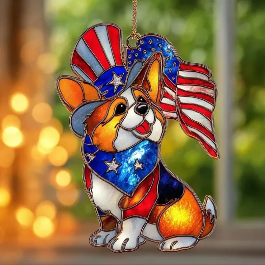 Patriotic Corgi Suncatcher Acrylic Dog Window Decor US Flag Hanging