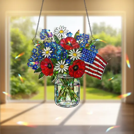 Patriotic Flower Suncatcher with Holographic Acrylic Flag Design