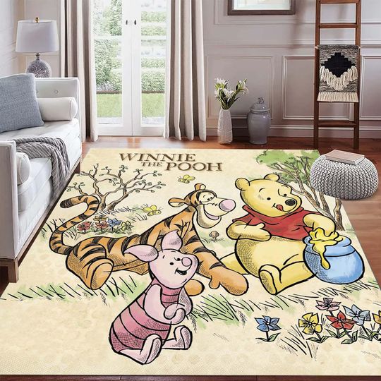 Winnie the Pooh Friends Patterned Rug, Cartoon Bear Themed Children's Room Rug, Soft Washable Decorative Rug