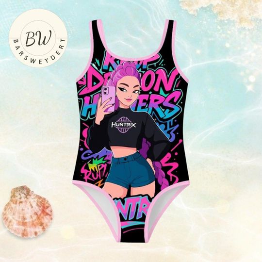 KPOP Demon Hunters HUNTR/X Girls Swimsuit, Street Style Anime One Piece Kids Swimwear, Cute Cartoon Bathing Suit, Summer Beach Outfit