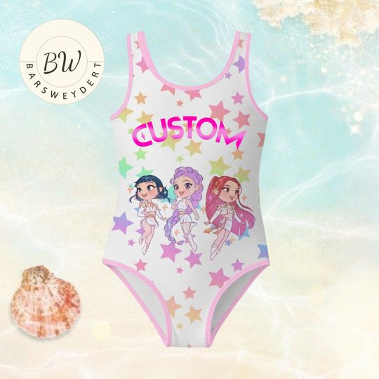 Custom Kpop Demon Hunters Swimsuit for Girls, Personalized Huntrx Style Anime Group One Piece Kids Swimwear, Cute Galaxy Beachwear
