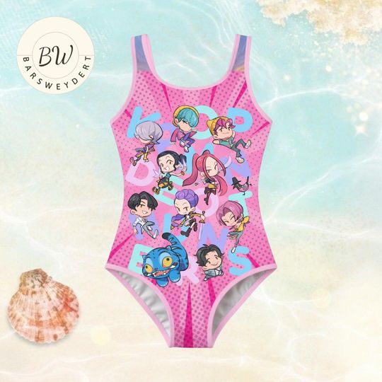 KPOP Demon Hunters HUNTR/X Black Girls Swimsuit, Anime Cartoon One Piece Kids Swimwear, Cute Kpop Bathing Suit, Summer Beach Outfit