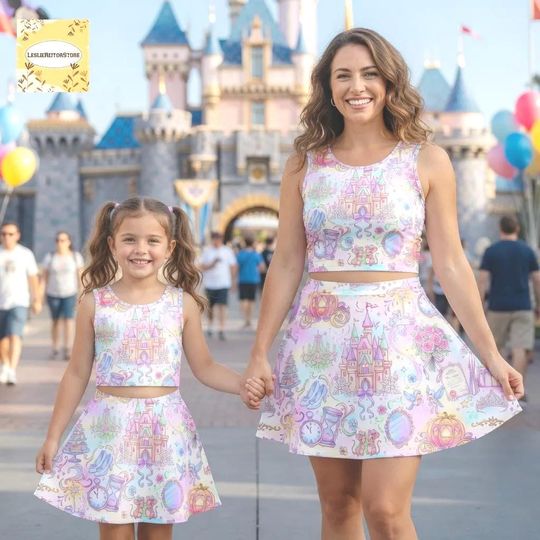 Princess Castle Skirt Set for Girls, Fairytale Outfit, Pastel Cartoon Dress Set, Kids Birthday Party Clothes, Summer Matching Top Skirt