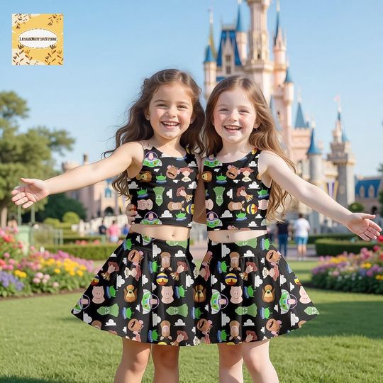 Toy Inspired Girls Outfit, Cartoon Character Kids Set, Matching Sisters Crop Top Skirt, Toddler Summer Clothes, Birthday Park Outfit