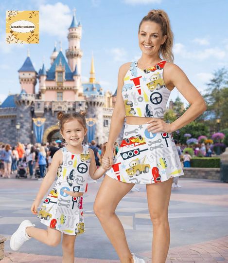 Cars Print Girls Outfit, Cute Vehicle Kids Set, Toddler Crop Top Skirt, Cartoon Car Summer Clothes, Birthday Park Outfit