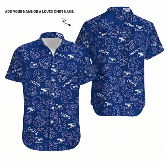 Personalized Postal Service Aloha Button Shirt With Leaves Tropical, Blue Hawaiian Shirt