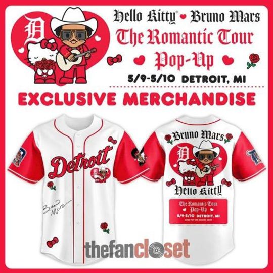 Detroit Tigers Hello Kitty x Bruno Mars Romantic Tour Detroit Baseball Jersey