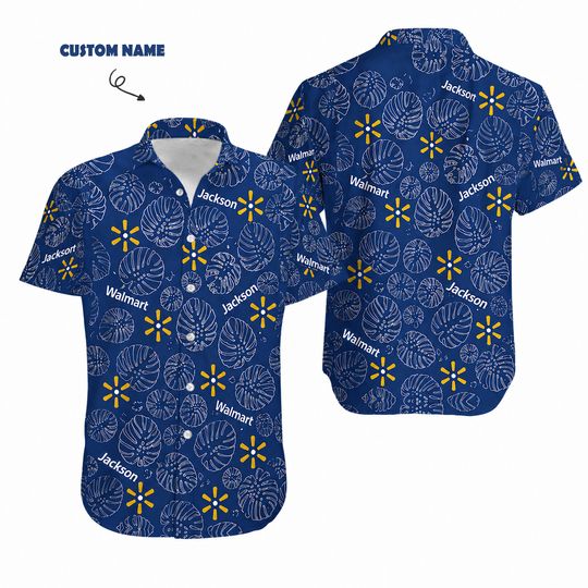 Personalized Walmart Aloha Button Shirt With Leaves Tropical, Royal Blue Hawaiian Shirt