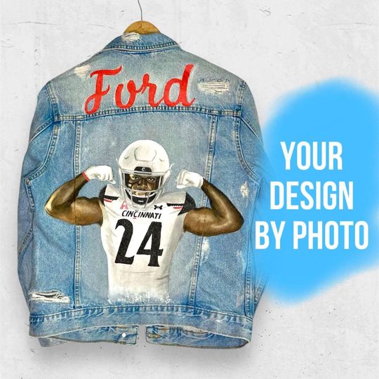 Personalized denim jacket with football and cheer motifs for game day and cheer moms