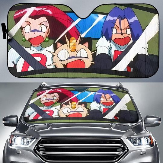 Funny Team Rocket Car Sunshade, Jesse James Meowth Windshield Sun Shade, Retro Anime Auto Front Window Cover, Gift For Anime Fans