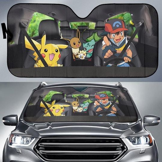 Ash Ketchum and Friends Car Sunshade, Pika Eevee Bulbasaur Togepi Windshield Sun Shade, PKM Car Sun Protector, Funny Sun Visor Car