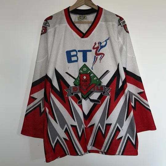 Cardiff Devils 10th Anniversary Ice Hockey Jersey White Red 1996