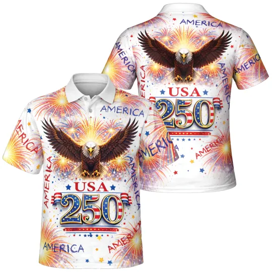 USA 250 Polo Shirt Patriot Fireworks 1776-2026 Independence Day