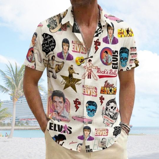 Vintage Elvis Presley Hawaiian Shirt, Rock n Roll Collage Aloha Shirt, Elvis Portrait Button Shirt, Retro Music Fan Gift, Summer King Shirt