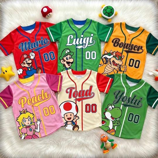 Personalized Super Mario Baseball Jersey, Kids Birthday Gift, Family Matching Gaming Apparel, Custom Bowser Luigi Yoshi Shirt