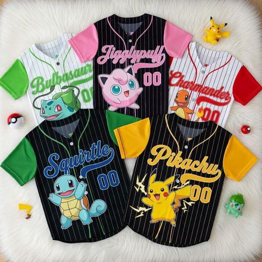 Personalized PKM Striped Baseball Jersey, Custom Name Kids Anime Jersey Gift, Pika Squirtle Charmander Bulbasaur Jigglypuff Shirt