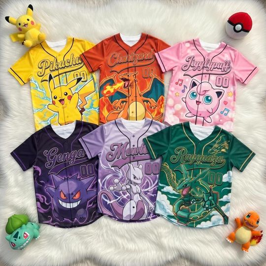 Custom PKM Baseball Jersey, Personalized Pika Charmander Shirt, Family Matching Outfit, Anime Kids Birthday Gift