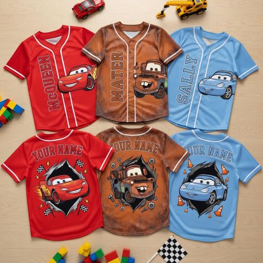 Personalized Cars Baseball Jersey, Custom Name Lightning McQueen Mater Shirt, Cartoon Family Matching Outfit, Kids Birthday Gift