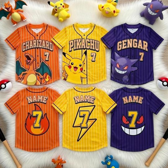 Custom Anime Baseball Jersey PKM, Pika Charmander Squirtle Shirt, Team Outfit, Personalized Kids Birthday Gift