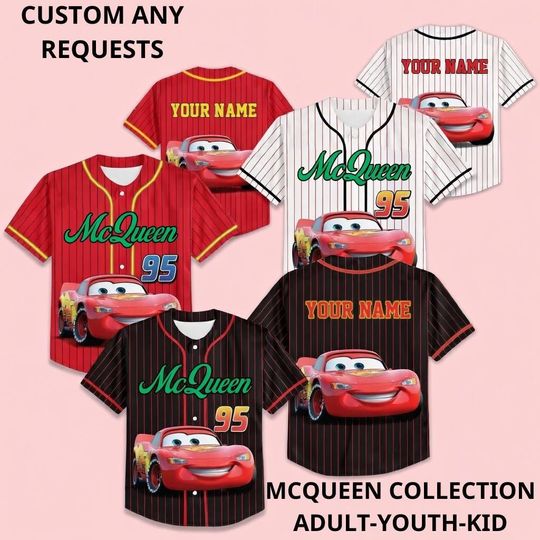 Personalized Lightning McQueen Baseball Jersey, Custom Name Cars Shirt, Family Matching Shirt Gift, Kids Birthday Outfit, McQueen 95 Jersey