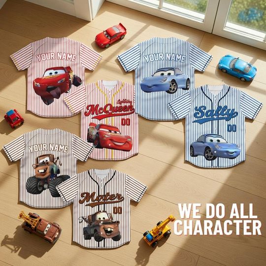 Personalized Cars Baseball Jersey, Kids Cartoon Racing Outfit, Birthday Gift Name, Custom Lightning McQueen Mater Sally Shirt