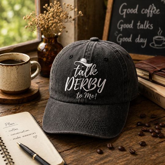 Kentucky Derby Embroidered Hat, Talk Derby To Me Washed Cap, Horse Racing Party Gift, Louisville KY Souvenir Cap