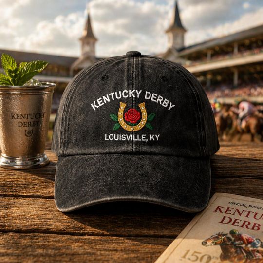 Classic Kentucky Derby Embroidered Washed Hat, Louisville KY Souvenir Cap, Horse Racing Hat, Vintage Race Day Apparel, Derby Day Gift