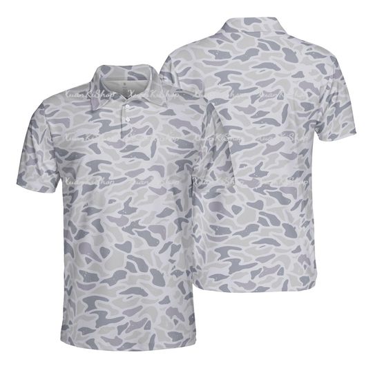 White Camouflage Polo Shirt for Men 3D Camo Print All Over Casual Outdoor Camo Dad Shirt
