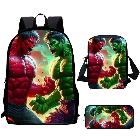 Hulk Green Red Cartoon Backpack Set for Children with Shoulder Bag and Pencil Bag