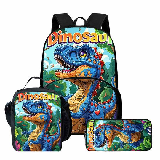 Cartoon Dinosaur Print 3-Piece Backpack Set for School, Laptop Bag, Lunch Bag, Pencil Case