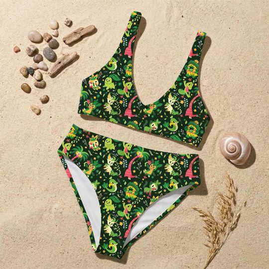 Chikorita Servine Bikini Set, Cute Anime Swimsuit, Kawaii Plant Cartoon Two Piece, Grass type Poke Beach Outfit