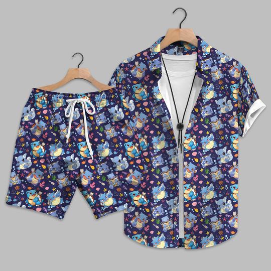 Squirtle Blastoise Hawaiian Shirt and Short, Ocean Anime Tropical Shirt, Cartoon Aloha Shirt, Kawaii Summer Beach Vacation Outfit