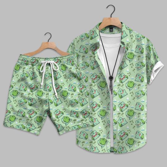 Bulbasaur Hawaiian Shirt and Short, Cute Anime Tropical Shirt, Kawaii Plant Cartoon Aloha Shirt, Nature Summer Beach Vacation Outfit