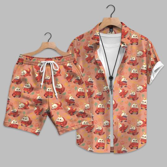 Fuecoco Hawaiian Shirt and Short, Cute Fire Crocodile Anime Tropical Shirt, Kawaii Cartoon Aloha Shirt, Summer Beach Vacation Outfit