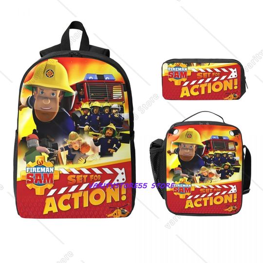 3Pcs Fireman Backpack Set for Children Pen Bags Bookbag Sets with Lunch Box for School Students Knapsack