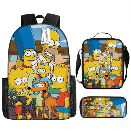 "The Simpsons" Backpack Three-piece Set Cartoon Trendy Cartoon Children's School Bag Student Backpack Shoulder Bag Pen Case