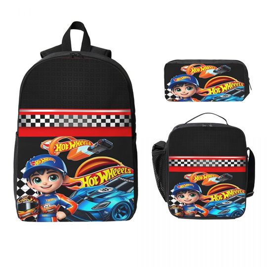 3Pcs Hot-Wheels game Prints Backpack Set for Children Pencil Boxes Bookbag Sets with Lunch Box For School Students Daypack