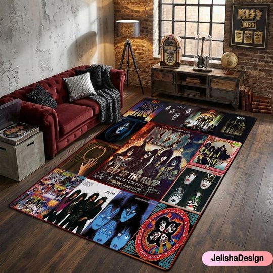 The Kiss Band Non-Slip Area Rug, The Kiss Band Vintage Music Carpet, The Kiss Band Room Decor, Bedroom Rug for Music Lovers