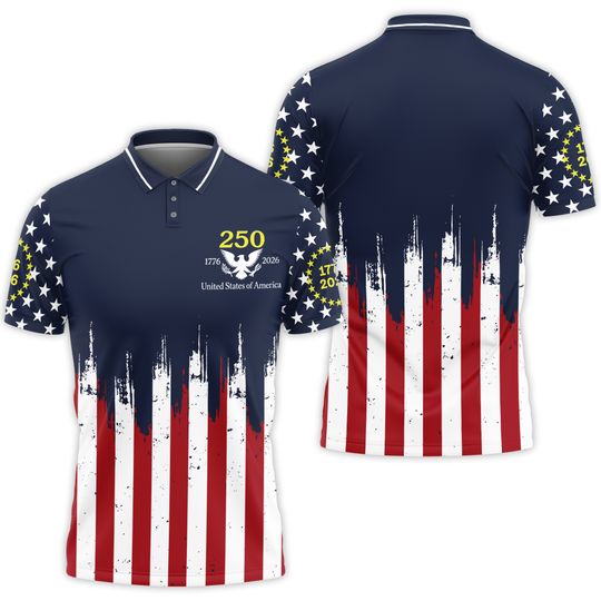 America 250 Polo Shirt Patriotic Red White Blue Flag Golf Shirt