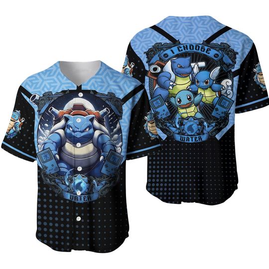 Blastoise Baseball Jersey Shirt, Squirtle Graphic Shirt, Funny Streetwear Jersey, Unisex Button Up Baseball Shirt, Summer Shirt Gift