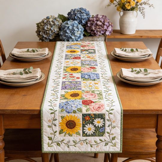Floral Quilted Table Runner, Sunflower and Hydrangea Patchwork Table Decor, Rustic Farmhouse Kitchen Dining Decor, Cottagecore Gift