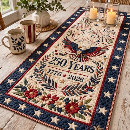 250 Years USA Quilted Table Runner, Patriotic Eagle And Fireworks, Independence Day Decor, American Heritage, Red White Blue, 1776 2026