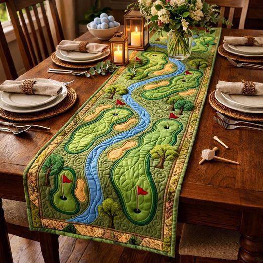 Golf Course Table Runner, Golfer Gift Table Decor, Green Fairway Quilted Table Topper, Golf Lover Dining Runner Gift