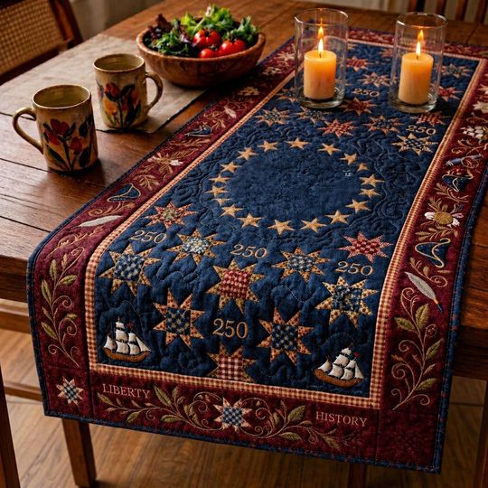 Patriotic 250th Anniversary Quilted Table Runner, Americana Home Decor, Red White Blue Stars, Independence Day Tablecloth