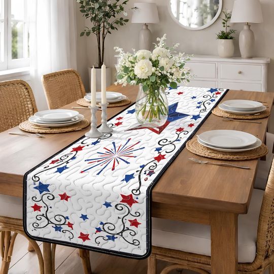 Independence Day Quilted Table Runner, Red White and Blue Stars Decor, Patriotic Fireworks Table Runner, Fourth of July Celebration Quilt